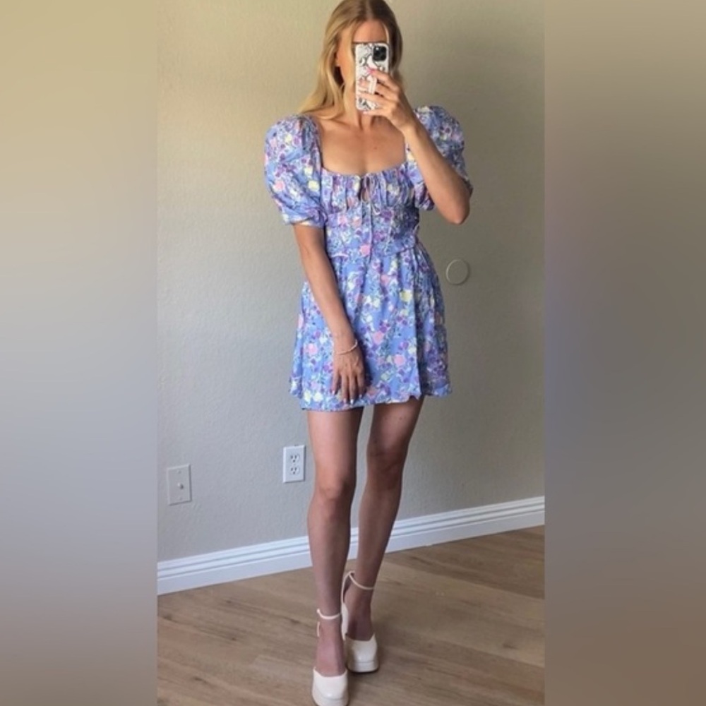For Love and Lemons Charlene Dress XS Lilac Floral Puff-Sleeve Mini Dress